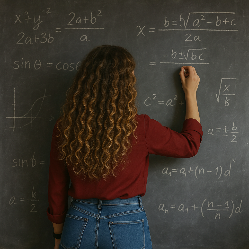 fe5860d4-c927-487b-b214-ef07f77fcc8a Enseignante en mathématiques inscrivant des équations au tableau – cours avec Optimise.toi